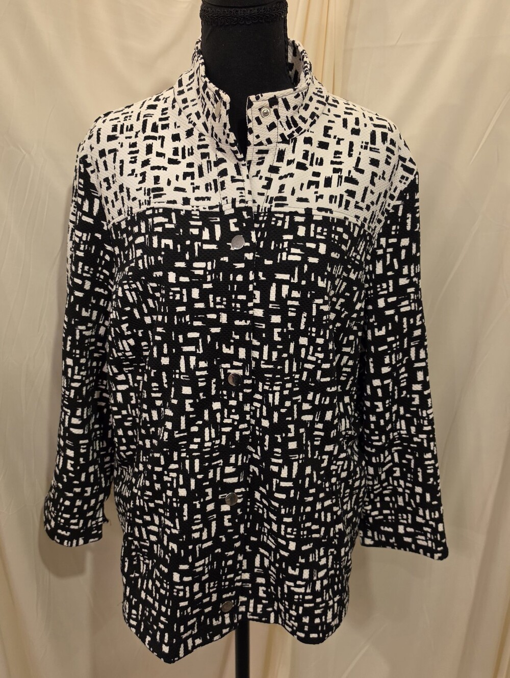 Erin London Black White Abstract Block Print Snap Button Jacket Pockets L